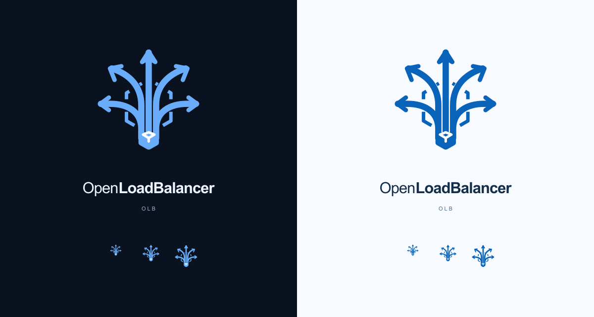 Blue five-way routing logo on dark and light backgrounds, with small-size examples